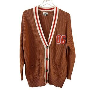 AERIE Orange Brown Oversized Varsity Lettermen Waffle Knit Cardigan small‎ NWOT